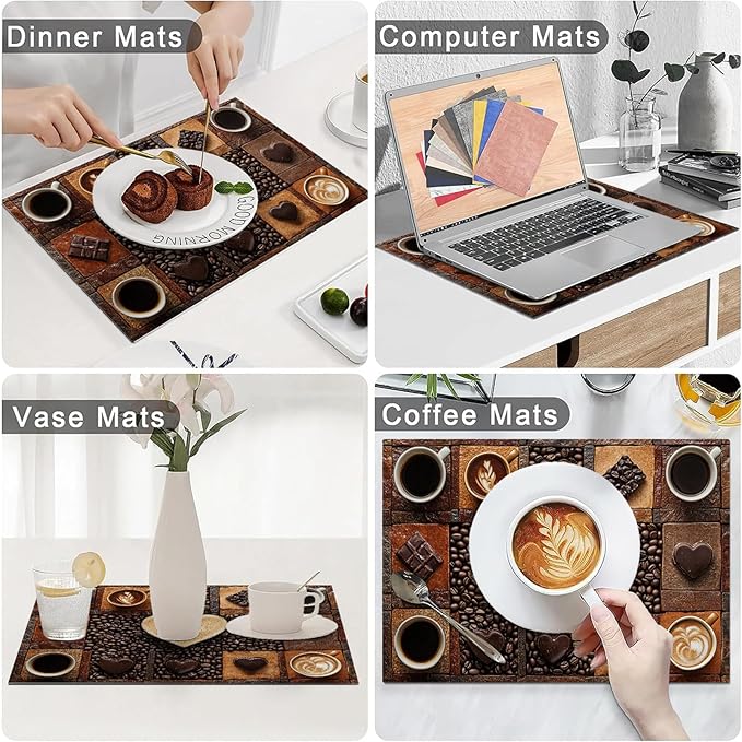 Coffee Placemats Set of 6, Cafe Table Mats, Washable Place Mats for Coffee Bar Home Party Indoor Kitchen Dining Table Decoration 12x18 Inch