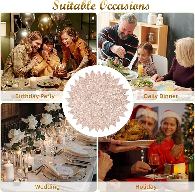 Placemats Set of 6, Round Hollow Out Flowers Place Mats for Dining Table Pressed Vinyl Blooming Leaf Table Mats for Holiday Party Wedding Accent Centerpiece Dinner Table Decoration (Rose Gold)