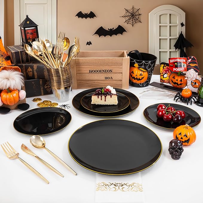 MirthMood 350Pcs Black and Gold Disposable Plates,Black Plates, Black and Gold Plates Include 30 Dinner,Dessert Plate,30 Cup&30 Napkins, 90 Gold Silverware for Wedding & Party & Birthday & New Year