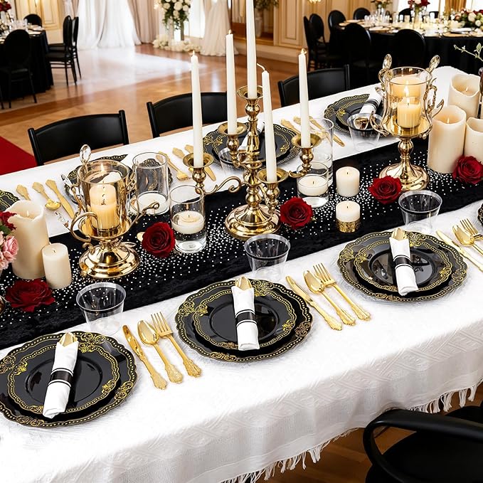 Ciaell 350 PCS Black Plastic Plates - Black and Gold Plates - Black Disposable Plates Include 100 Disposable Plate, 150 Heavy Duty Silverware, 50 Cups, 50 Napkins for Wedding & Party