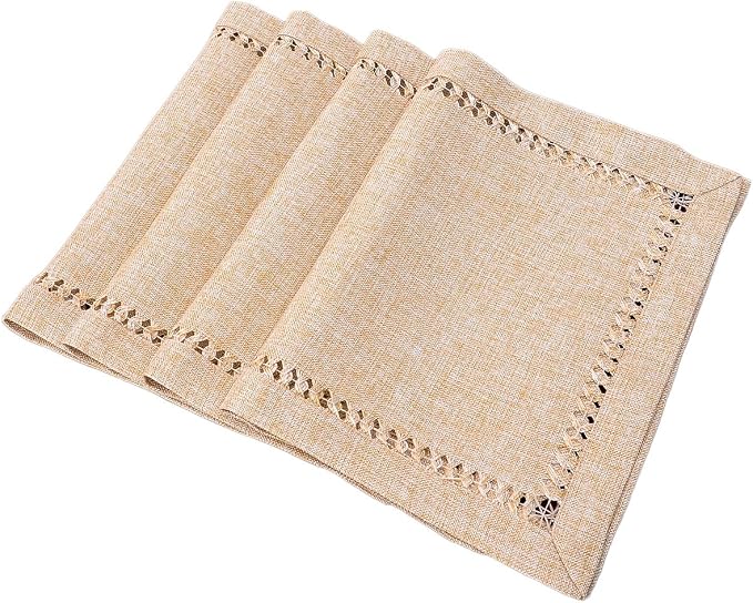 Grelucgo Set of 4 Handmade Hemstitch Beige Table Placemats, Rectangular 12 by by Grelucgo