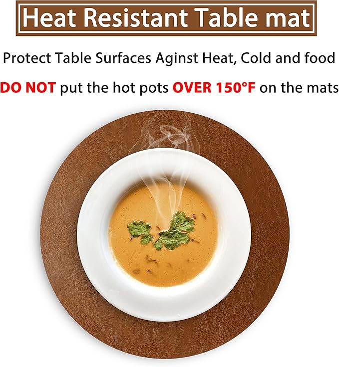 Set of 6 PU Leather Placemats, Waterproof Coffee Coasters, Kitchen Table Mats, Easy to Wipe Off for Dining Round Table