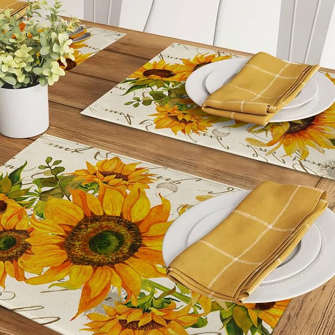 Seliem Fall Sunflower Placemats Set of 4, Spring Summer Yellow Floral | Flowers - Image 6