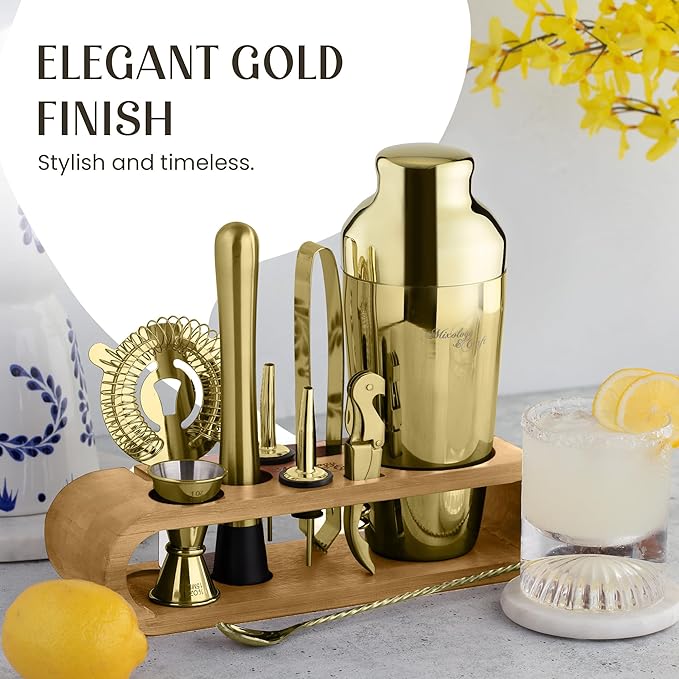 Mixology & Craft Cocktail Shaker Set with Bamboo Stand - Professional 18oz 10-Piece Bartender Kit - Complete Bar Set & Cocktail Mixer Kit for Home (Gold)