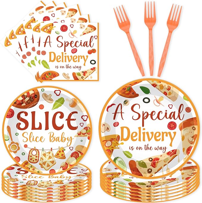 96 Pcs Special Delivery Pizza Baby Shower Decorations, Tableware Set | Includes by EoBeCy