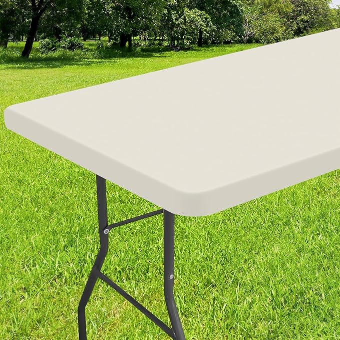 Smiry Rectangle Tablecloth, Elastic Fitted Flannel Backed Vinyl Tablecloths for 5ft Folding Tables, Waterproof Wipeable Table Covers for Indoor, Outdoor, Picnic and Camping (Beige, 30"x60")