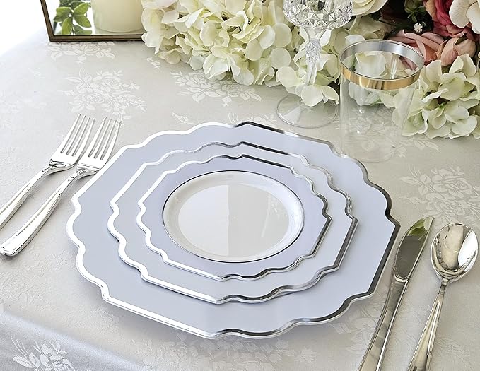 " OCCASIONS " 120 Plates Pack,(60 Guests) Heavyweight Premium Wedding Party Disposable Plastic Plates Set -60 x 10.5'' Dinner + 60 x 8'' Salad/Dessert (Imperial in White/Blue & Silver)