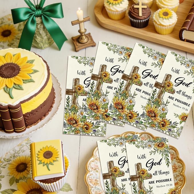 Sunflower Christian Paper Napkins - 100 Pcs Happy Easter Religious Dinner Decorative Disposable Party Decorations Sets for Decoupage Cross Guest Cocktail Table Supplies Decor Bulk 7.9 x 4.3 In