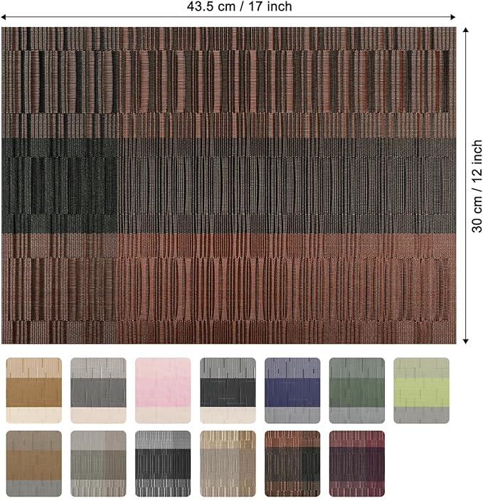 Placemats Set of 4, Vinyl Woven Place Mats Indoor Set of 4 Washable Wipeable PVC Table Mats Heat-Resistant Non Slip Plastic Placemat for Kitchen Dining Outdoor Table (Black Brown, Set of 4)