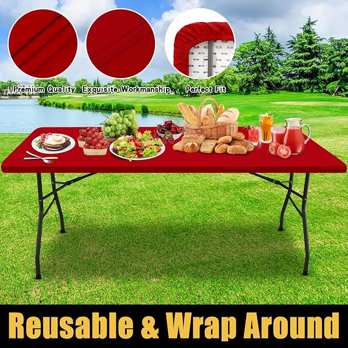 Smiry Rectangle Picnic Table Cloth, Waterproof Elastic Fitted Tablecloths for 5 Foot Tables, Washable Polyester Table Cover for Camping, Indoor and Outdoor (Red, 36"x60")