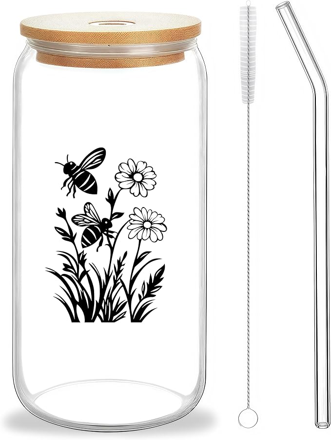 Cute Bee Glass Cup With Lids And Straws, Bee Gift For Women, Iced, Coffee, Smoothie, Cocktail, Beer, Whiskey, Soda, Matcha,16 Oz, Home Office Table Desk Decoration!
