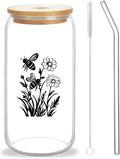 Cute Bee Glass Cup With Lids And Straws, Bee Gift For Women, Iced, Coffee, Smoothie, Cocktail, Beer, Whiskey, Soda, Matcha,16 Oz, Home Office Table Desk Decoration!