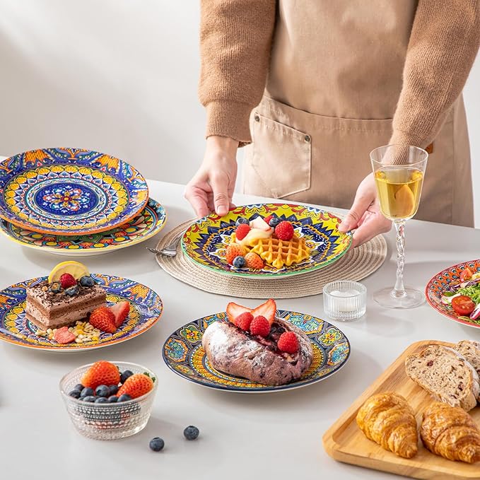 vancasso Bohemian Dessert Plates Set of 6, 8.5 Inch Ceramic Salad Plates, Boho Small Dinner Plates, Colorful Printed Kitchen Plate for Breakfast, Microwave & Dishwasher Safe Dishes, Series KRVI
