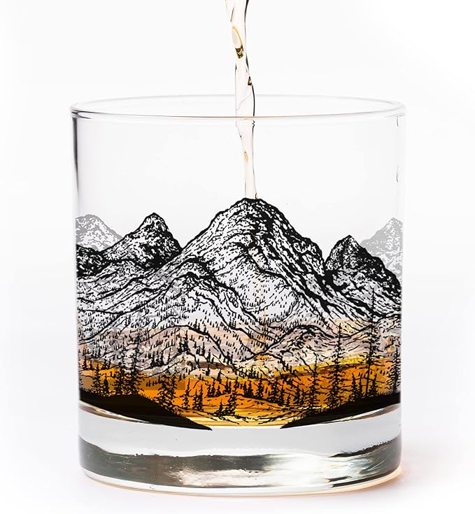 Black Lantern Mountain Panoramic Whiskey Glass Set Set of 2 11oz Heavy Base Old Fashioned Tumblers | Cocktail Glasses with Gift Box