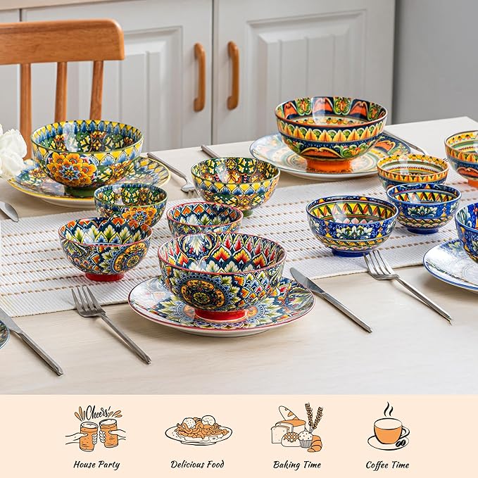 Henten Home Ceramic Soup Bowls Set of 6, Bohemia 22 oz Cereal Bowls Set, Porcelain Serving Bowls for Oatmeal, Salad, Pasta, Fruit, Decorative, Microwave & Dishwasher Safe