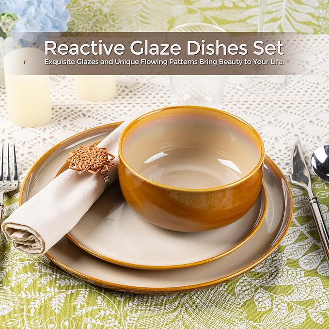 LeRatio Ceramic Dinnerware Sets for 4,Porcelain Plates and Bowls Sets, Reactive Glaze Dishes Set,Chip Resistant and Scratch Resistant | Oven&Dishwasher & Microwave Safe,Service for 4-Kahki &Black