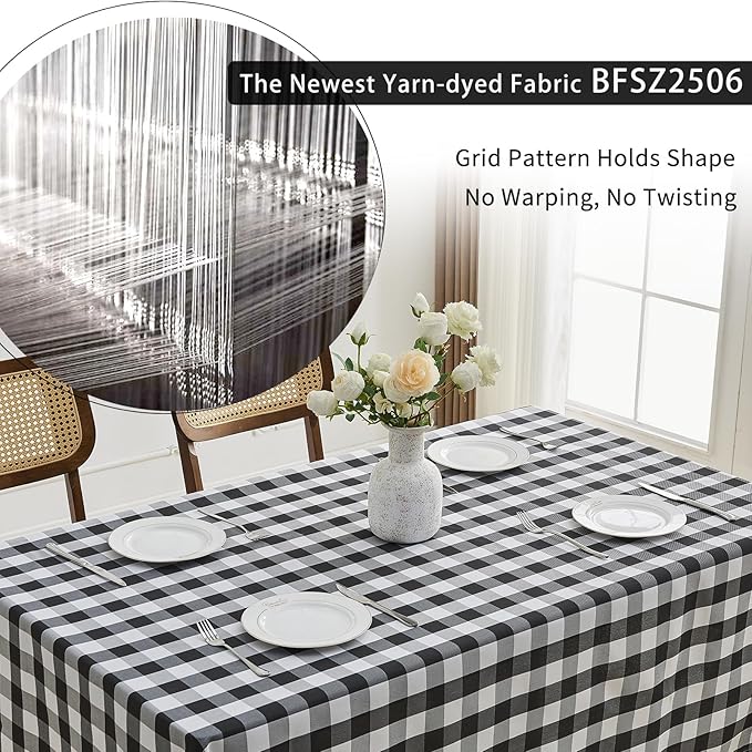 BALCONY & FALCON Gingham Table Cloth Rectangle – Machine Washable Wrinkle-Free Buffalo Checkered Tablecloth for 6ft 8ft Tables, Outdoor Picnic, Party, Kitchen Dining Decor (Black White, 55x95 Inch)