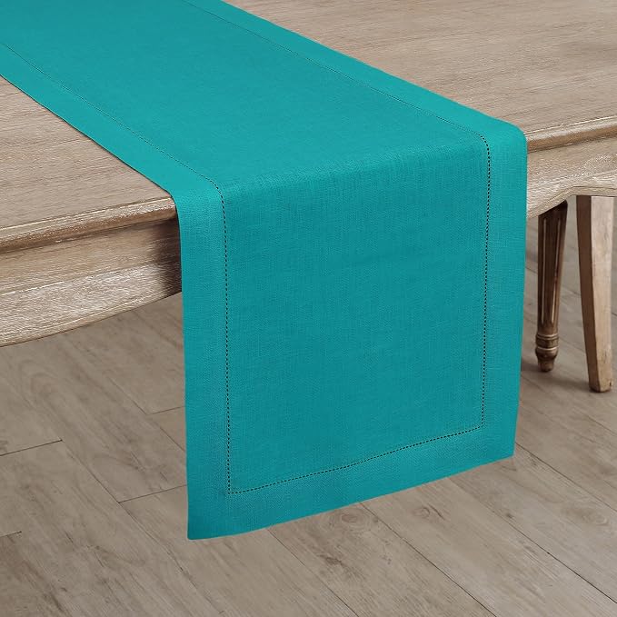 Solino Home 100% Pure Linen Dining Table Runner Teal Hemstitch, 14 x 132 in | - Image 2