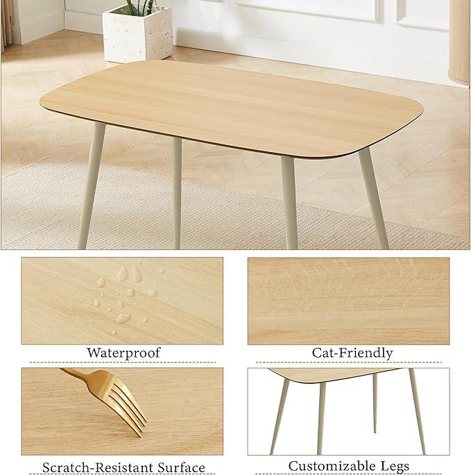 47.2'' Modern Dining Table Set for 4 - Wood Table with Cat Scratch Resistant Surface & 4 Gray Leather U-Shaped Chairs, Kitchen & Dining Room Furniture, Ideal for Small Spaces