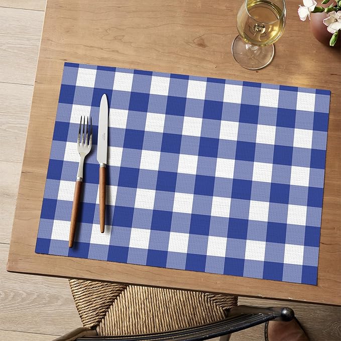 Artoid Mode Buffalo Plaid Vinyl Placemats Set of 4, 12x18 Inch Washable Non-Slip Heat Resistant Plastic Place Mats for Party Dining Table, Naxy Blue/White