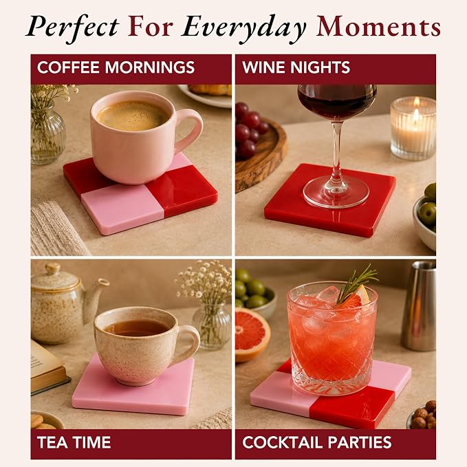 Folkulture Pink & Red Decorative Coasters Set of 4, Non Slip, 4 Inch | Coffee - Image 4