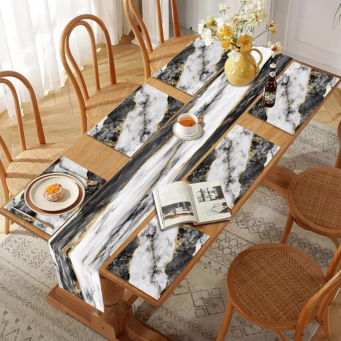 Mcalk Black Marble Table Runner and Placemats Set of 6, Marble Print Placemats, Modern Cloth Place Mats Indoor for Kitchen,Washable Linen Material for Dining Table