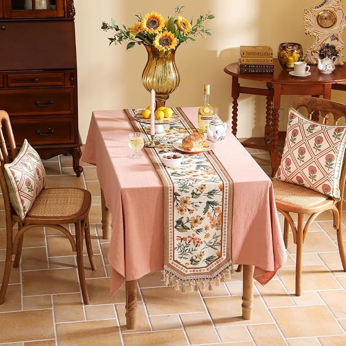 bilin gaier Designer French Linen Small Table Runner, Floral Pattern, Dining - Image 3