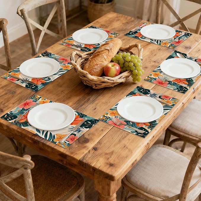 Placemats Set of 6 Tropical Floral Orange Flowers Place Mats Washable Kitchen Dining Linen Table Mats Stain Heat, for Home Party Indoor 12x18 in