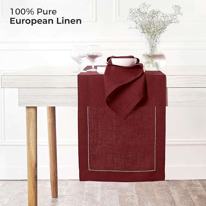 D'Moksha Homes Linen Dark Red Table Runner 90 Inches Long - Classic Hemstitch 100% Pure Linen Dining Table Runner 14 x 90 Inch for Valentines, Spring