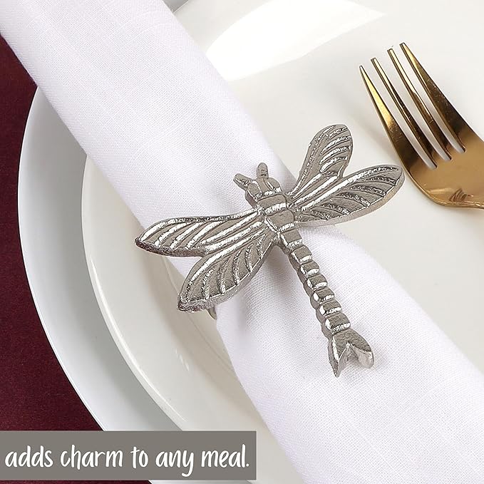 ALPHA Living HOME Dragonfly Napkin Rings - 12 Pcs Elegant Table Accessories Decorative Metal Napkin Holders for Wedding, Dinner Party, Holiday & Everyday Table Decor (Silver)