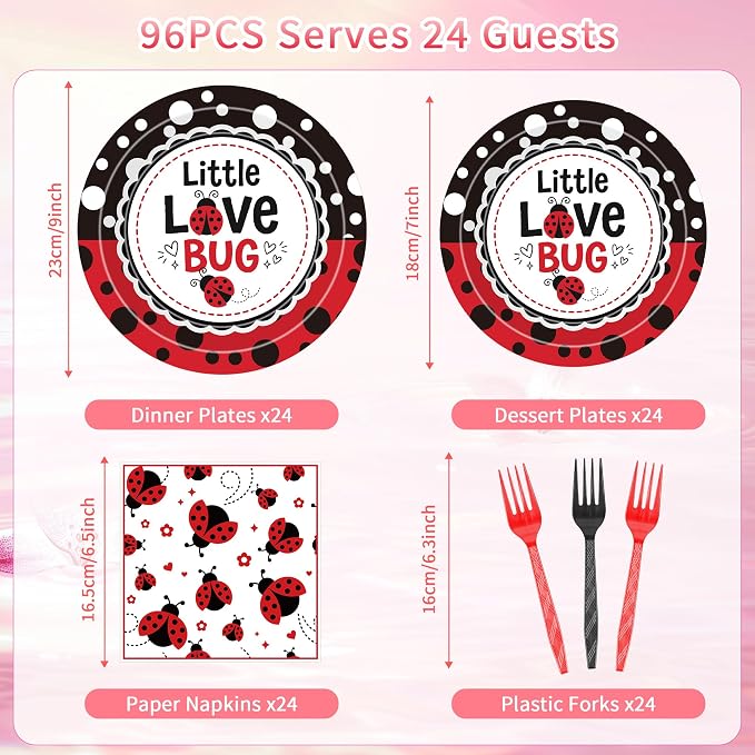 96 Pcs Love Bug Baby Shower Decorations, Lady Bug Tableware Set | Includes - Image 2