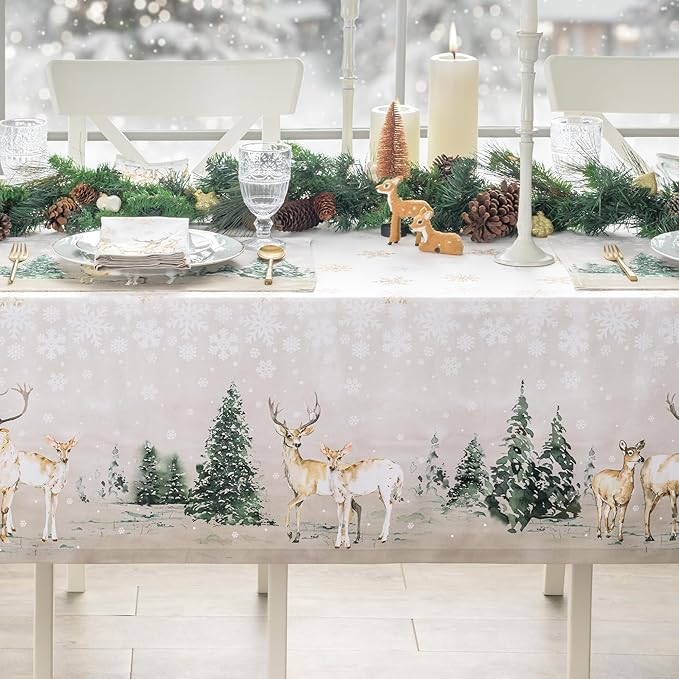 Maison d' Hermine Table Cloth Rectangle Table 100% Cotton 60 x 90 Inches Fall Tablecloth Reusable Everyday Use for Thanksgiving Christmas Decorations Dining Farmhouse Party (Deer in The Woods)