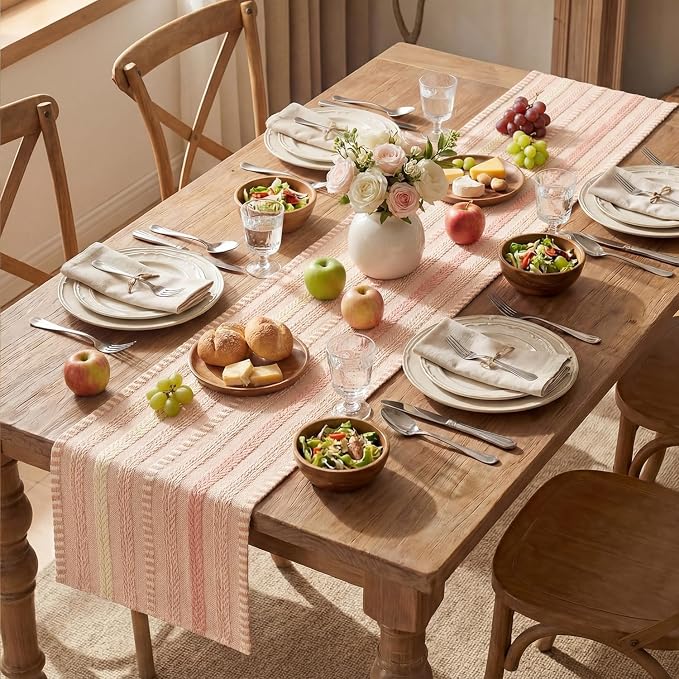 Artoid Mode Pink Farmhouse Stripe Braided Table Runner 12x72 Inch | Holiday - Image 5
