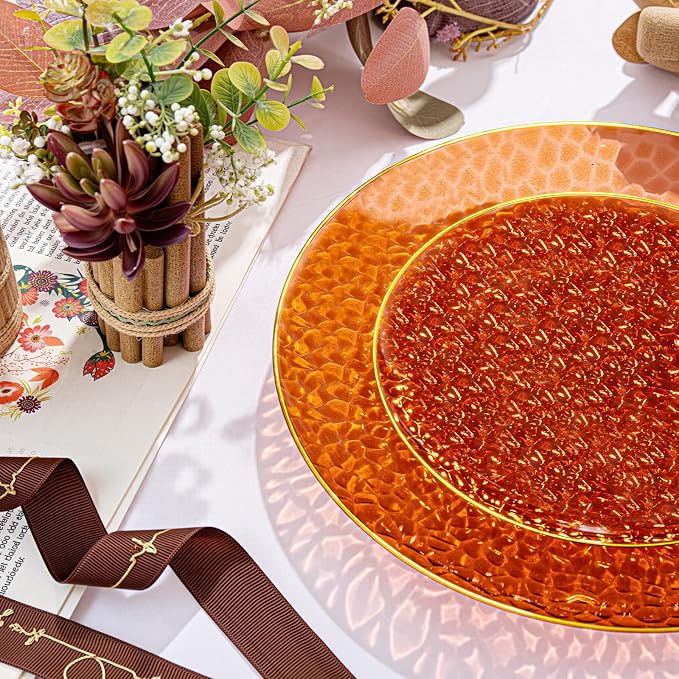Rubtlamp 175 Pcs Plastic Dinnerware Set, Amber And Gold Plastic Plates - Image 2
