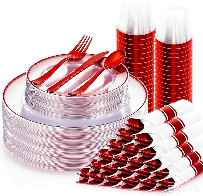 SUT 350 Pcs Red and Clear Plastic Dinnerware Set by SeeYouTomorrow