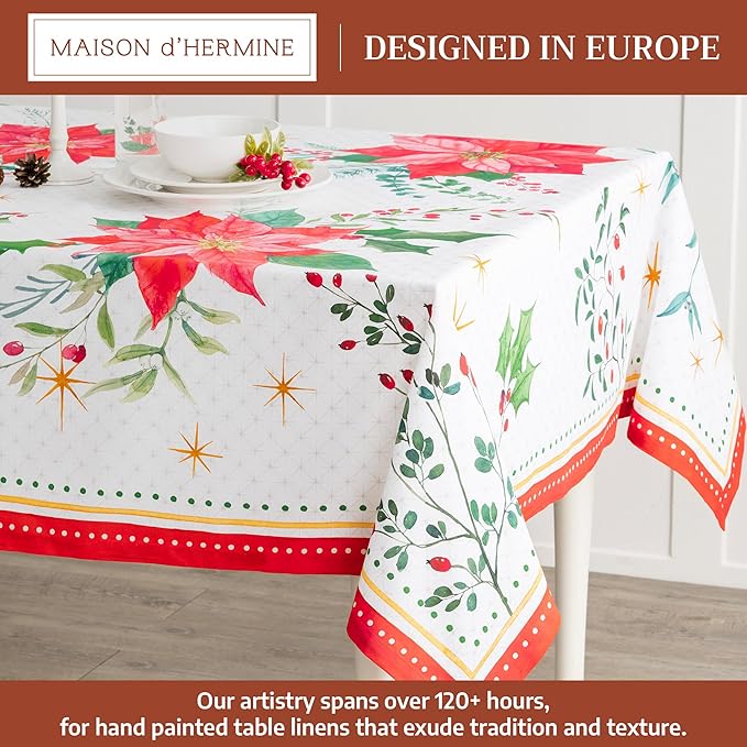 Maison d' Hermine Table Cloth Rectangle Table 100% Cotton 70 x 140 Inches Fall Tablecloth Reusable Everyday Use for Thanksgiving Christmas Decorations Dining Farmhouse Party (Poinsettia Christmas)
