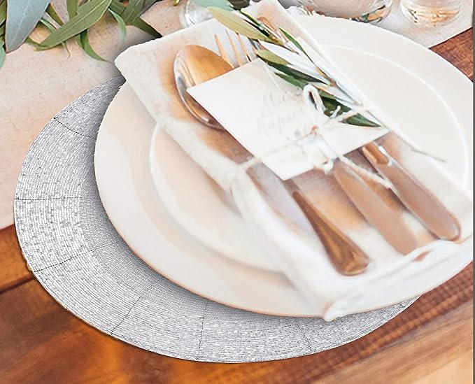 Lightnpro Beaded Placemats Set of 4-13 Inch Round Handmade Table Chargers - Rustic Farmhouse Glitz Table Décor for Dining Room, Christmas, Thanksgiving, Easter & Special Events- Whitish Silver