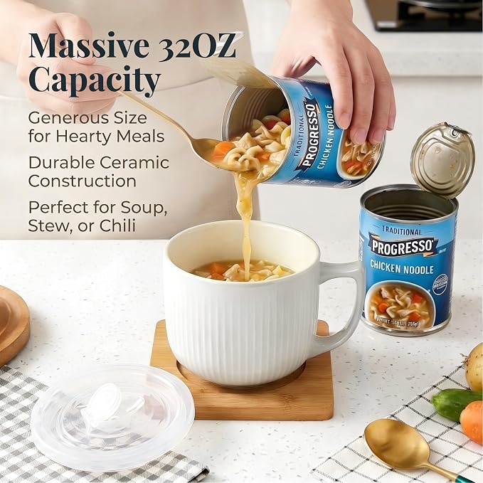 Ceramic Soup Bowl with Handle & Lid, 32oz Microwave Ramen Bowl Set of 2 | White - Image 2