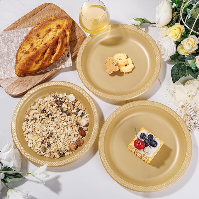 WELLIFE Gold Party Plates 9 Inch -150 Count, Disposable Plastic Dinner Plates for Party Dessert Cake Wedding Engagement Birthday