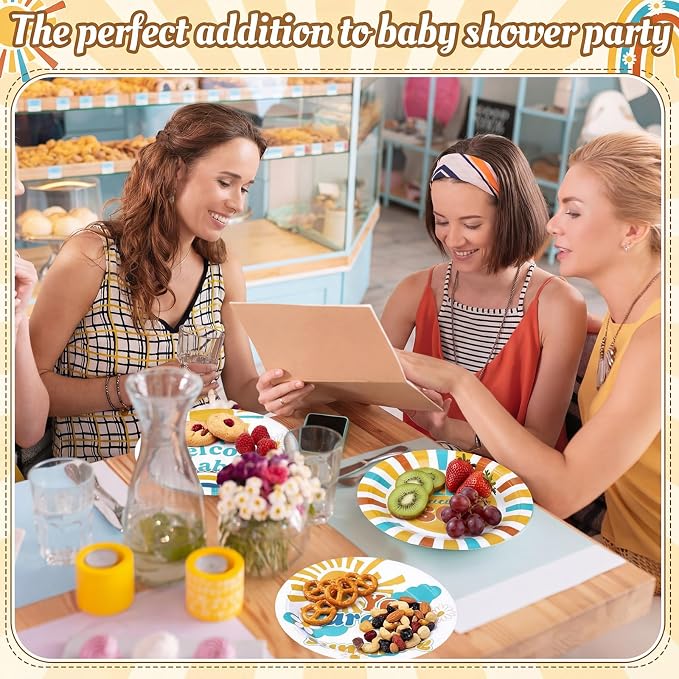 Gerrii 60 Pcs Here Comes the Son Baby Shower Party Plates Boho7 Inch Sun - Image 4