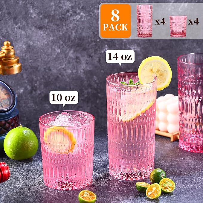 Loivttvv Glassware Drinking Glasses Set of 8, 14 oz Highball Glasses & 10 oz - Image 2