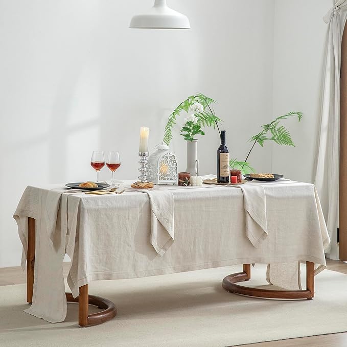 EVERLY Pure Linen Hemstitch Tablecloth,100% Stonewashed French Linen tablecloths for Kitchen Dining Rectangle Tables,60x120Inch Machine Washable Christmas Thanksgiving Organic Tablecloth-Natural Linen