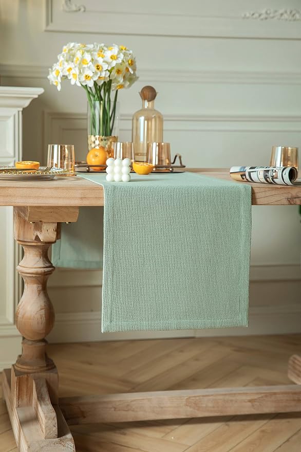 Burlap Style Farmhouse Table Runner, 14x108 Inches Seafoam | Thick Durable - Image 3