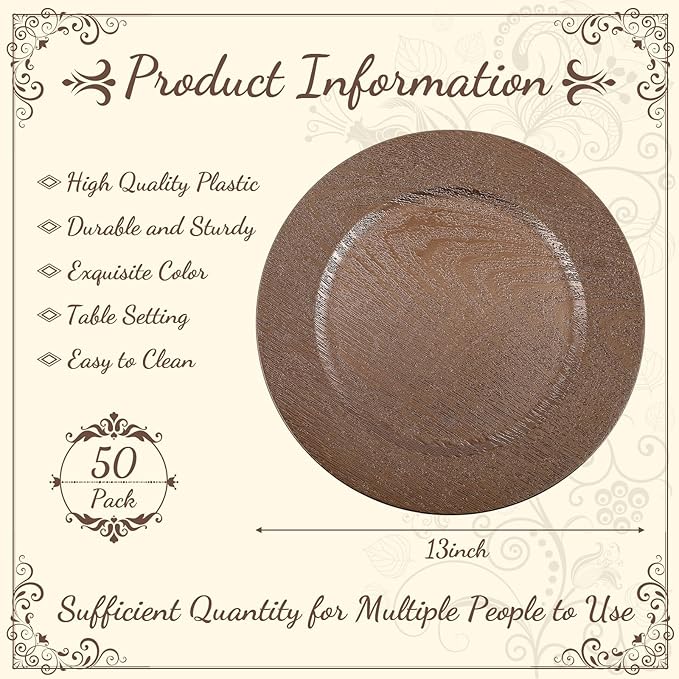 Mifoci 50 Pcs Faux Wooden Charger Plates 13 Inch Round Rustic Plastic Plates Antique Design Bulk Decorative Chargers for Dinner Tray for Wedding Dinner Table Farmhouse Party Event(Brown)