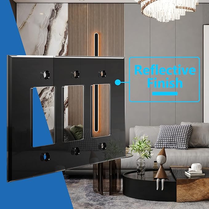LIDER Reflective Acrylic Decorator Wall Plate, Mirrored Light Switch Plate, Plexiglass Outlet Cover, Acrylic Glass, Oversized 3-Gang 5.25" x 7.06", LWP-33O-ABK, Black