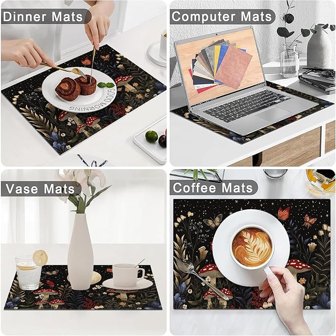 Mushroom Botanical Placemats Set of 6, Mushroom Plants Leaves Butterfly Place Mats, Moon Waterproof Washable Table Mats for Home Party Indoor Kitchen Dining Table Decoration 12x18 Inch