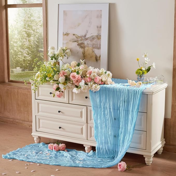 6 Pack Light Blue Cheesecloth Table Runner Boho Gauze Home Decor | 120 Inch - Image 6