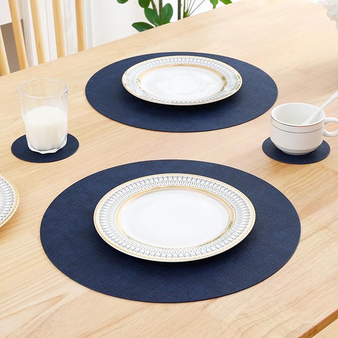 Homaxy Round Faux Leather Placemats and Coasters, Washable Dual-Side Table Mats, Wipeable Heat-Resistant Dining Place Mats for Outdoor and Indoor, Set of 6, Diameter 13 and 3.93 inch, Navy Blue