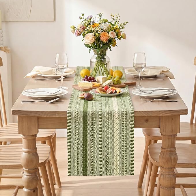 Artoid Mode Army Green Farmhouse Stripe Braided Table Runner 12x90 Inch | - Image 2