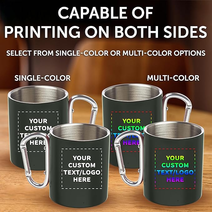 Custom Stainless Steel Mugs with Carabiner Handle 10 oz. Set of 10, Personalized Bulk Pack - Perfect for Coffee, Soda, Other Hot & Cold Beverages - Army Green